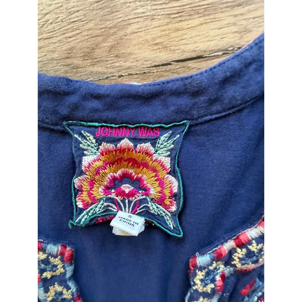 Johnny Was Blue Embroidered V Neck Sleeveless Boho Mini Dress Women's size small - Picture 3 of 3
